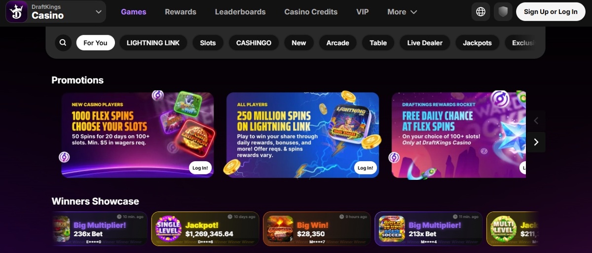 DraftKings Michigan homepage showing game categories, promotion banners, and Winners Showcase